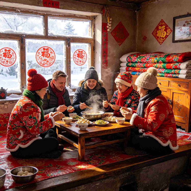 International travelers enjoying traditional farmhouse meal on a heated kang in Northeast China