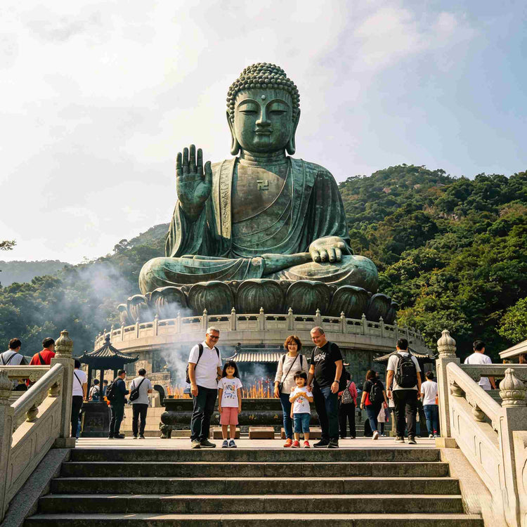 Visitors at the iconic giant Tian Tan Buddha statue on Lantau Island, Hong Kong
