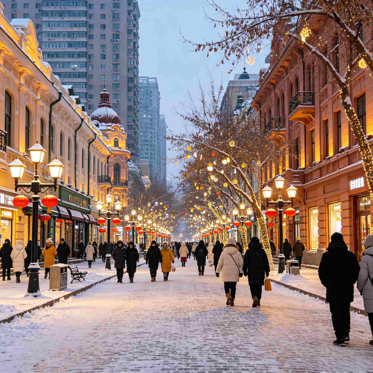 Zhongyang Pedestrian Street with historic Russian architecture in Harbin winter evening