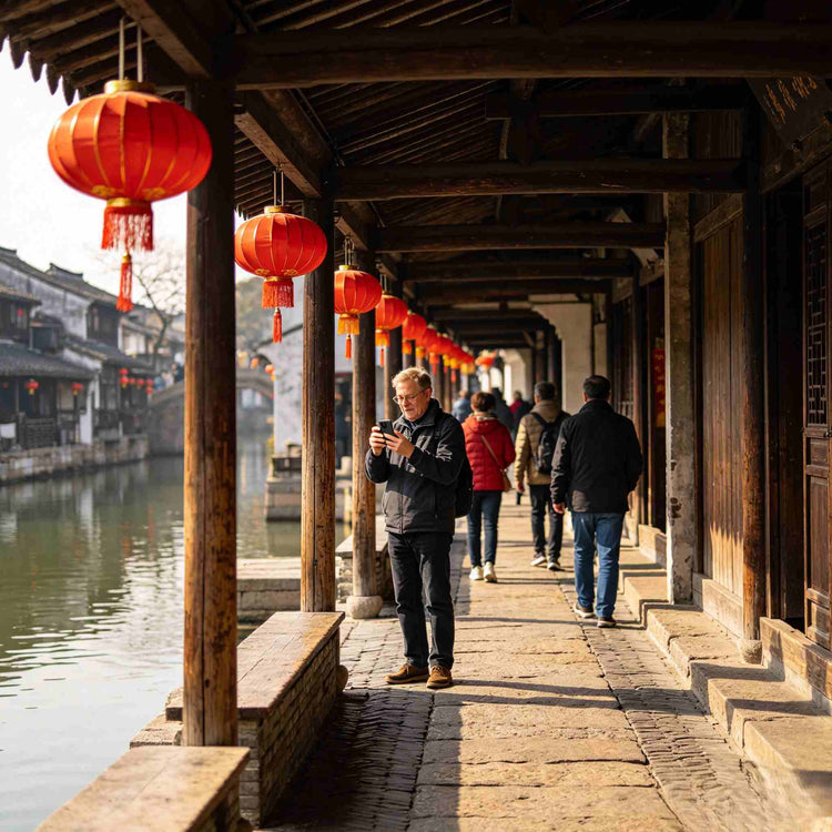 Xitang covered riverside corridor with red lanterns, western travelers wander ancient Jiangnan alley