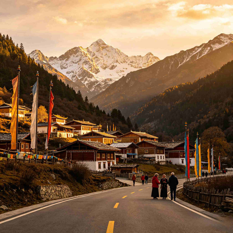 Traditional Tibetan village with alpine landscape near Jiuzhaigou, Sichuan China