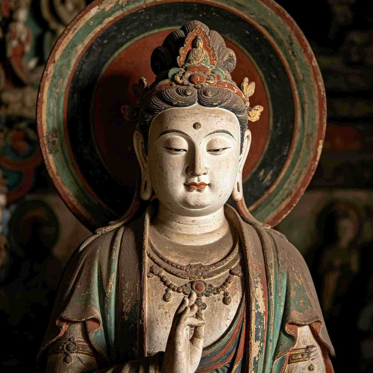 Painted Buddhist sculpture at Shuanglin Temple, famous colored sculpture art gallery in Pingyao