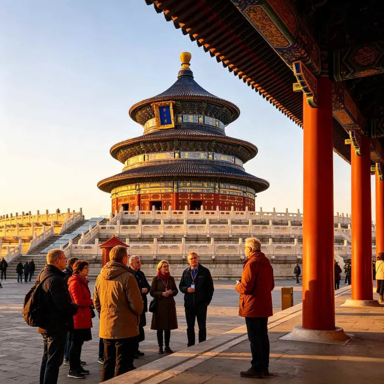 Tour guide introducing Temple of Heaven to international travel group, Beijing China tour
