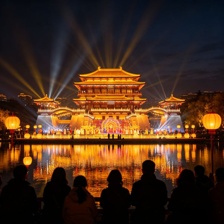 Grand Tang Paradise night light show, golden-lit Tang-style architecture reflecting on the lake, Xi'an