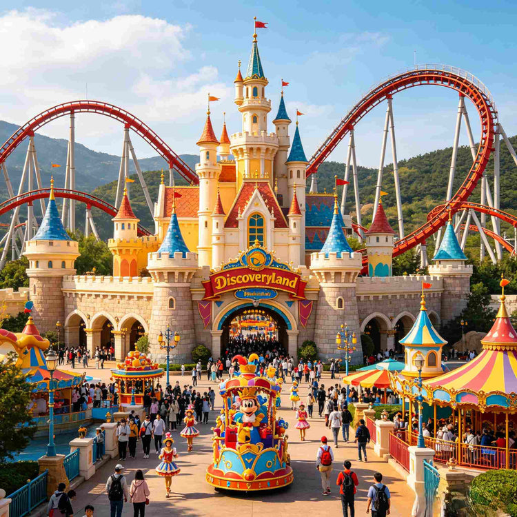 Discoveryland Theme Park with castle and roller coaster, Jinshitan Dalian