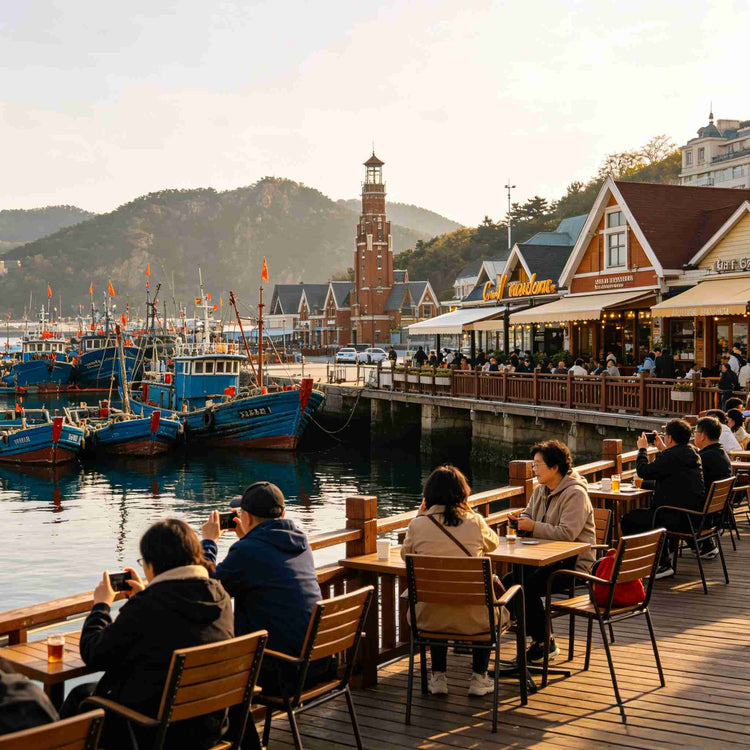Colorful fishing boats and waterfront cafes at Dalian Fisherman's Wharf