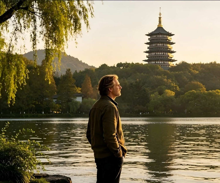 Western traveler admiring sunset view of Leifeng Pagoda at West Lake, Hangzhou - Captivating Jiangnan private tour