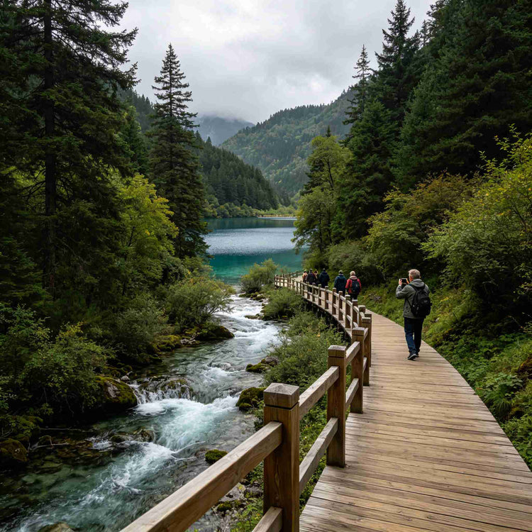 Travelers hiking on forest boardwalk in Jiuzhaigou Valley National Park