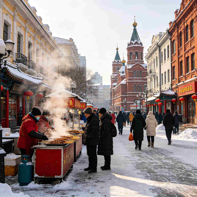Lao Daowai historic district with street food stalls in winter Harbin