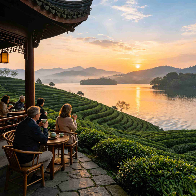 West Lake Hangzhou sunset tea mountain terrace, western couple enjoy lake and Longjing tea plantation view