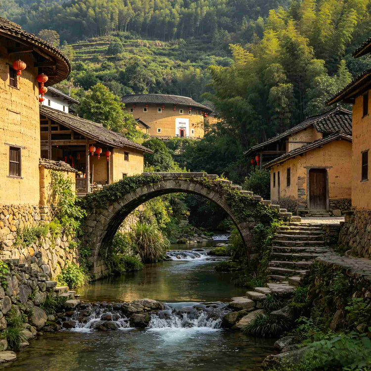 Taxia Village ancient stone arch bridge over stream with Tulou houses