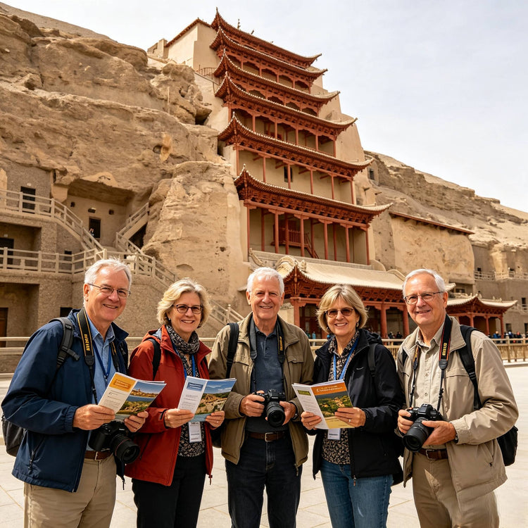 Group of foreign tourists visiting the UNESCO Mogao Grottoes, Dunhuang