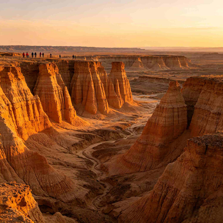 Datong Earth Forest unique geological landscape under golden sunset light