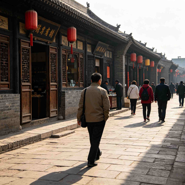 Tourists walking along historic Ming-Qing Street in Pingyao Ancient City