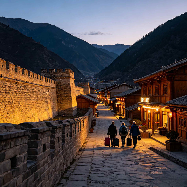 Historic stone gate of Songpan Ancient Town, group of international tourists arriving for Jiuzhaigou extension tour