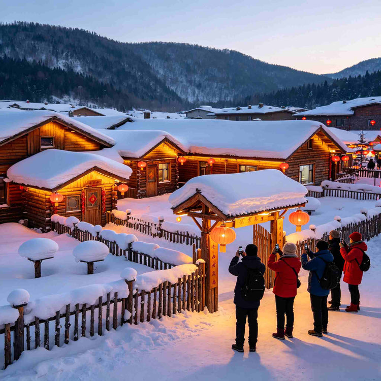 China Snow Town with snow-covered wooden houses and warm lights at dusk