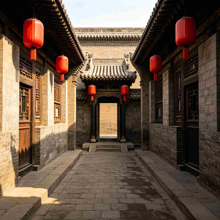 Quiet traditional courtyard lane with red lanterns inside Pingyao Ancient City