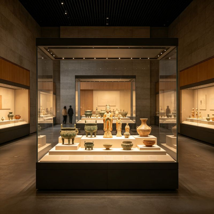 Interior exhibition hall of Xi'an Museum, ancient cultural relics displayed in glass showcase
