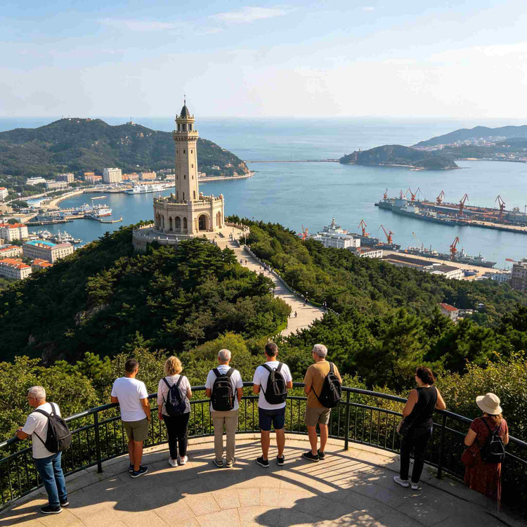 Group of tourists on Baiyu Mountain overlooking Lüshun Port and Baiyu Tower, Dalian