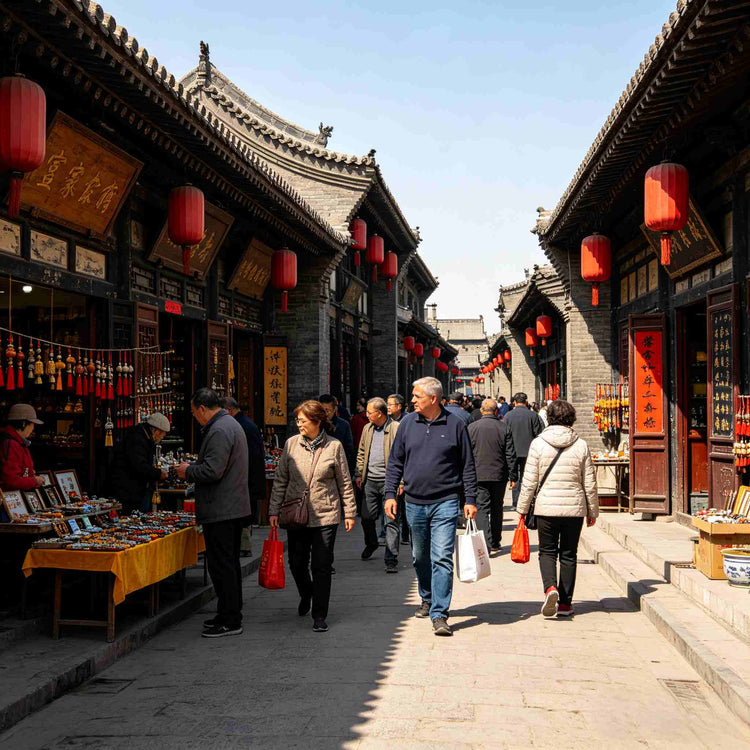 Foreign tourists strolling along busy commercial street in Pingyao Ancient City
