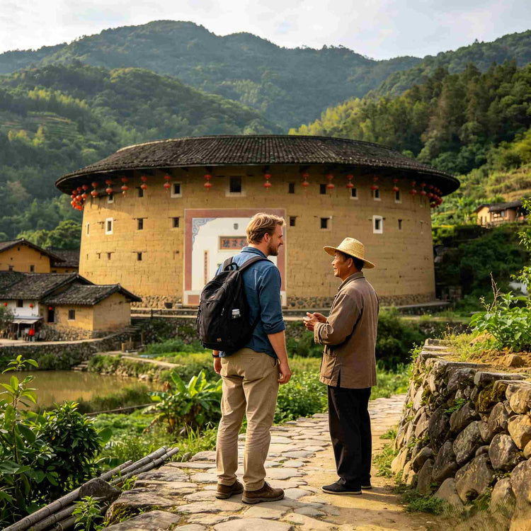 Foreign traveler with local guide visiting Yuchang Building Tulou village