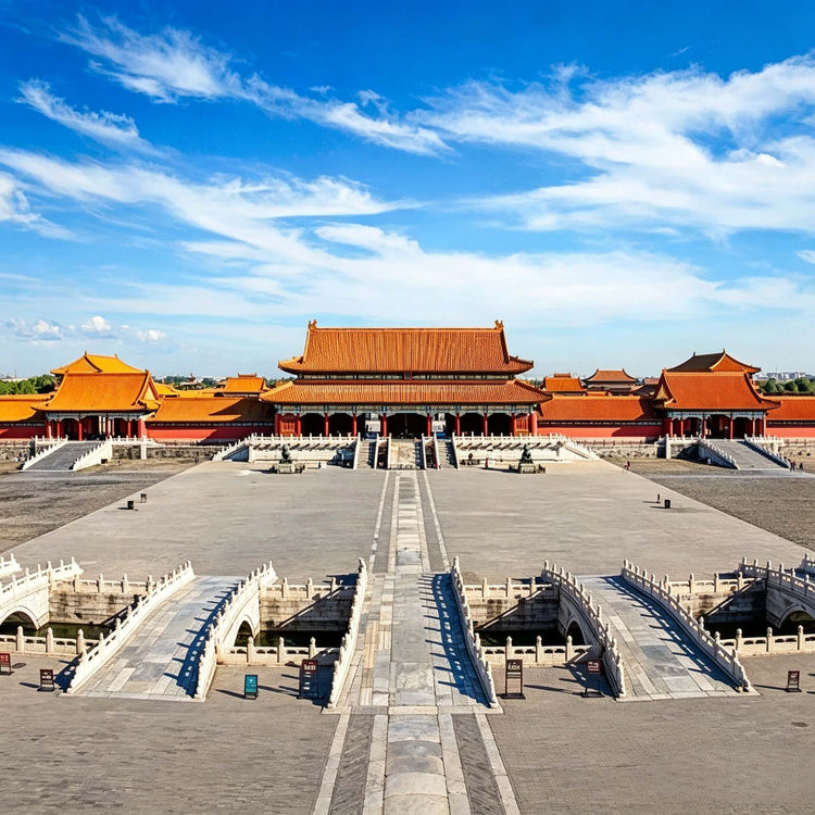Panoramic view of the Forbidden City imperial palace square, Beijing landmark