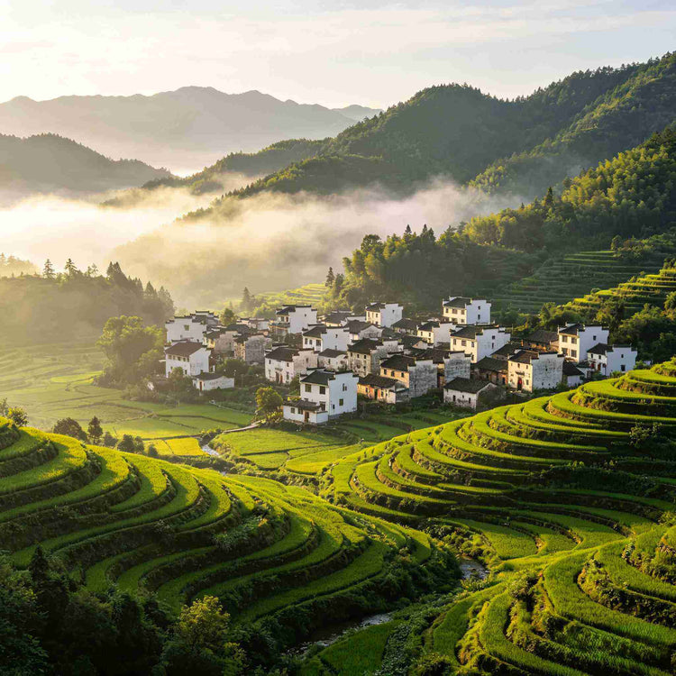 Huizhou mountain village with green tea terraces in morning fog