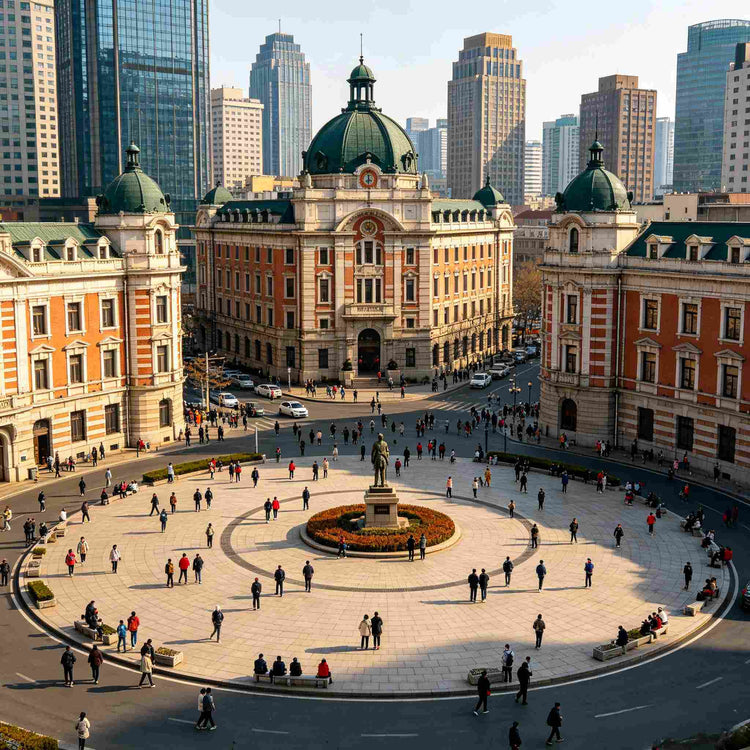 Aerial view of historic European buildings at Zhongshan Square, Dalian