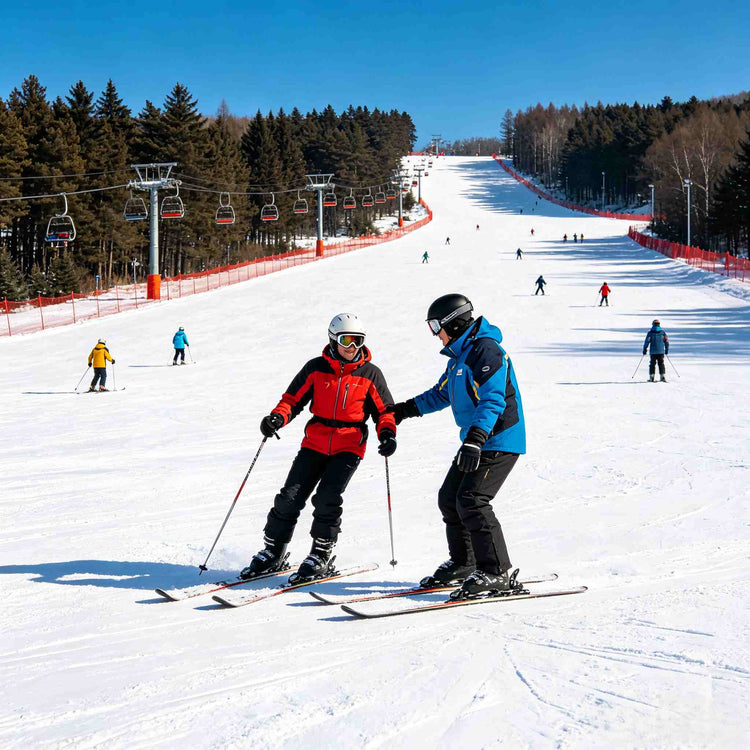 Yabuli Ski Resort with skiers on snow slopes in winter mountain scenery