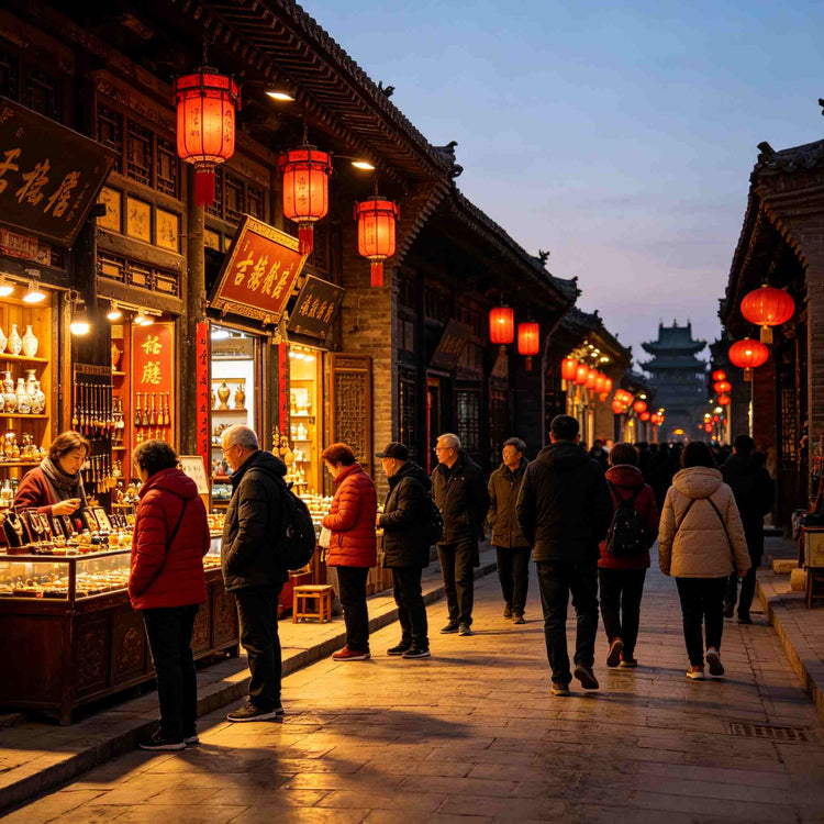 Bustling old commercial street with warm lit shopfronts at dusk, Pingyao Ancient City