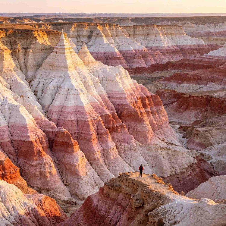 Tsagaan Suvarga White Stupa colorful layered cliffs, Gobi Desert sunset viewpoint