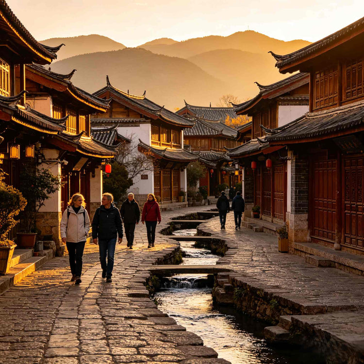 Foreign visitors exploring Lijiang Old Town and traditional Naxi architecture in Yunnan.