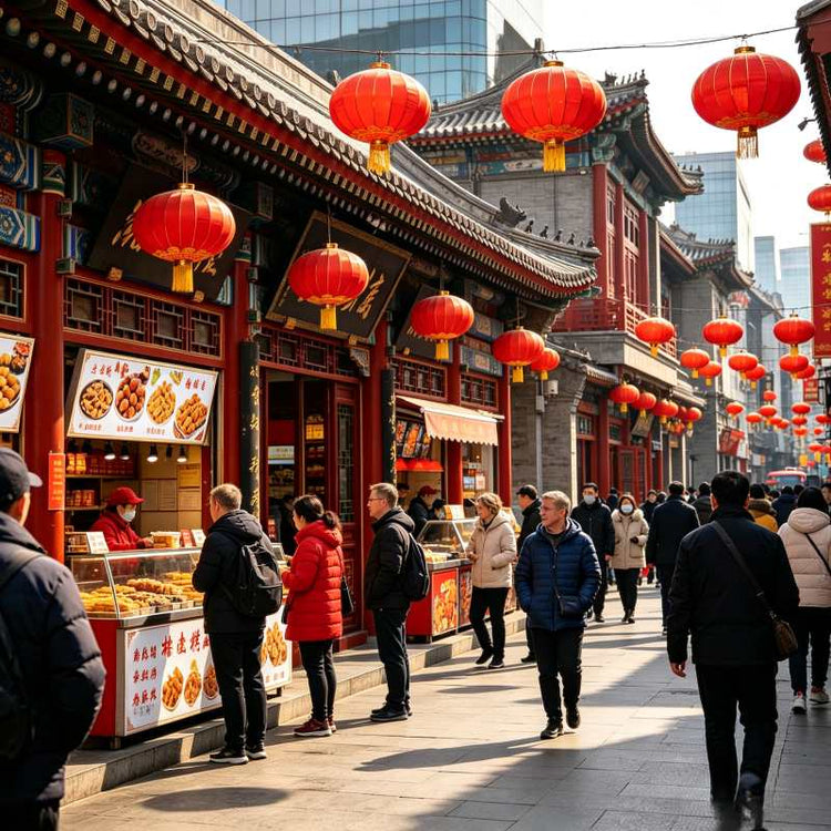 Beijing traditional snack street with red lanterns, historic downtown food street