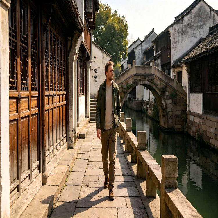 Foreign traveler exploring Shaoxing ancient water street in Cangqiao Straight Street - Jiangnan cultural tour