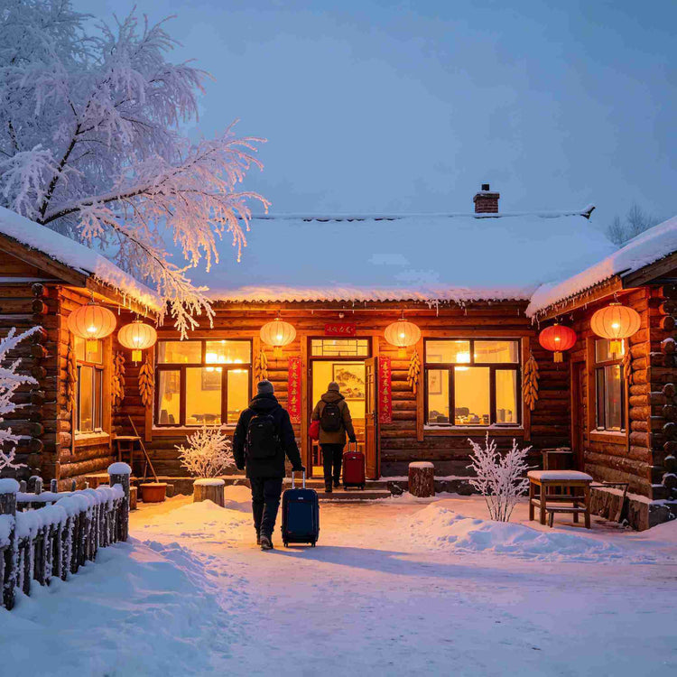 Cozy wooden farmhouse guesthouse with warm lights on Wusong Island in winter snow