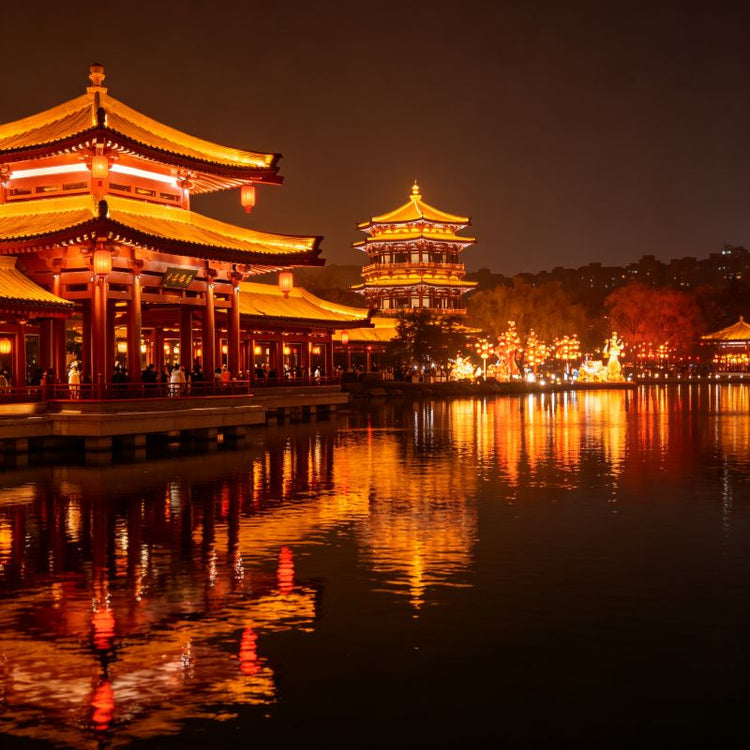Tang Paradise night view, illuminated Tang-style palaces reflected on lake, traditional Chinese garden, Xi'an, China