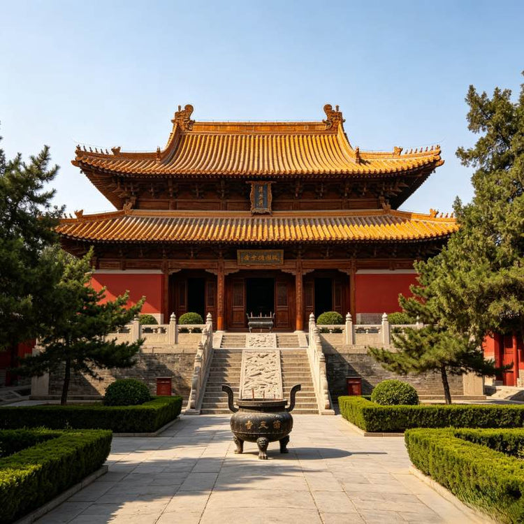 Main hall of Xuanyuan Temple at Yellow Emperor Mausoleum, imperial architecture with golden roof, Huangling Shaanxi
