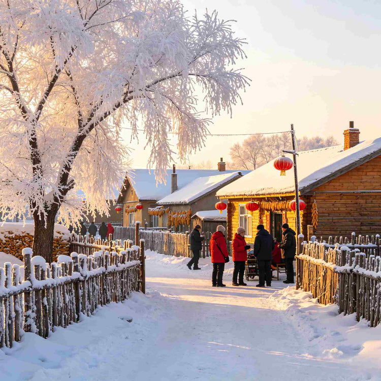 Snow-covered village lane with rime trees and red lanterns on Wusong Island in winter