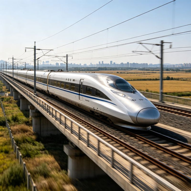 High-speed bullet train traveling on elevated railway, modern China railway transportation with motion blur speed effect