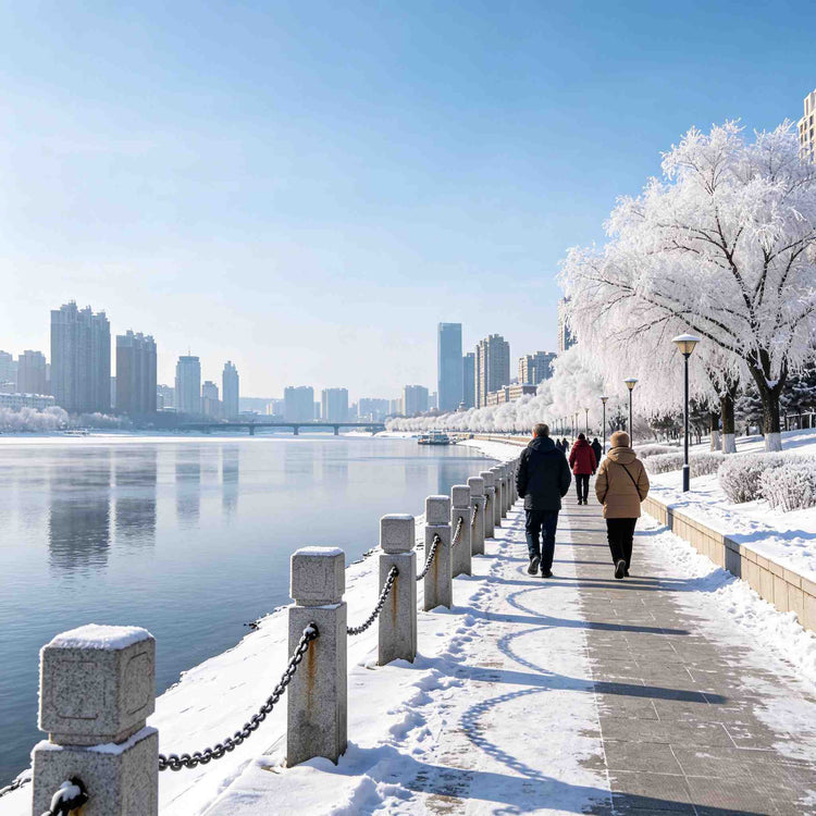Scenic Songhua River promenade with rime trees in Jilin city winter