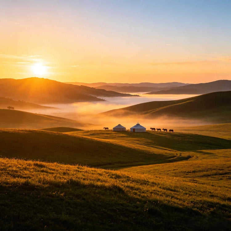 Ulan Butong grassland sunrise with morning mist over rolling steppes
