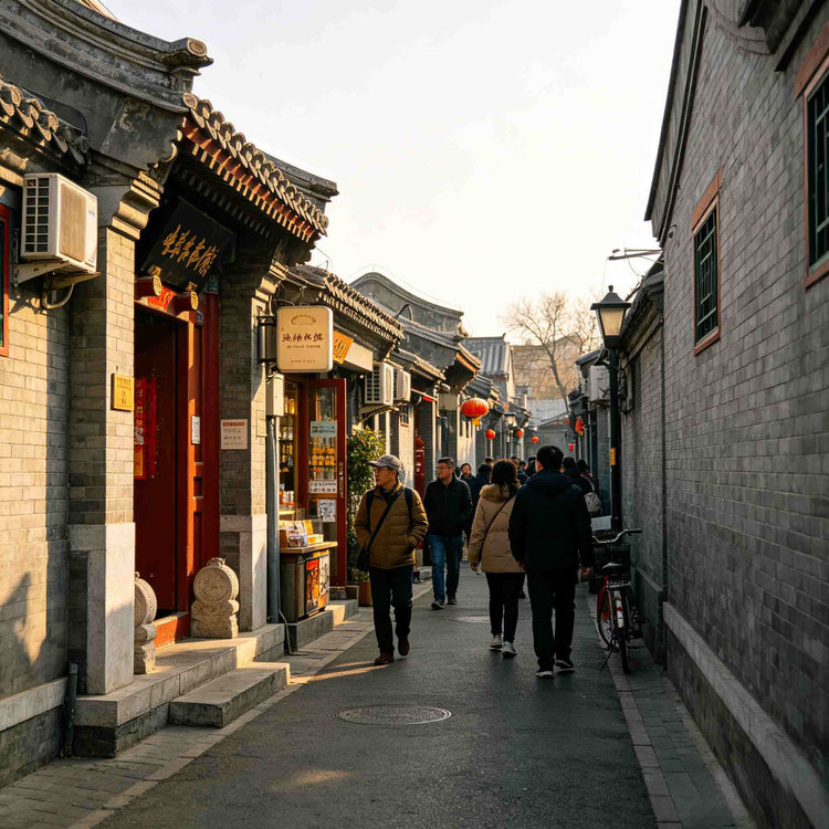Traditional Beijing hutong alley with historic courtyard houses and street life