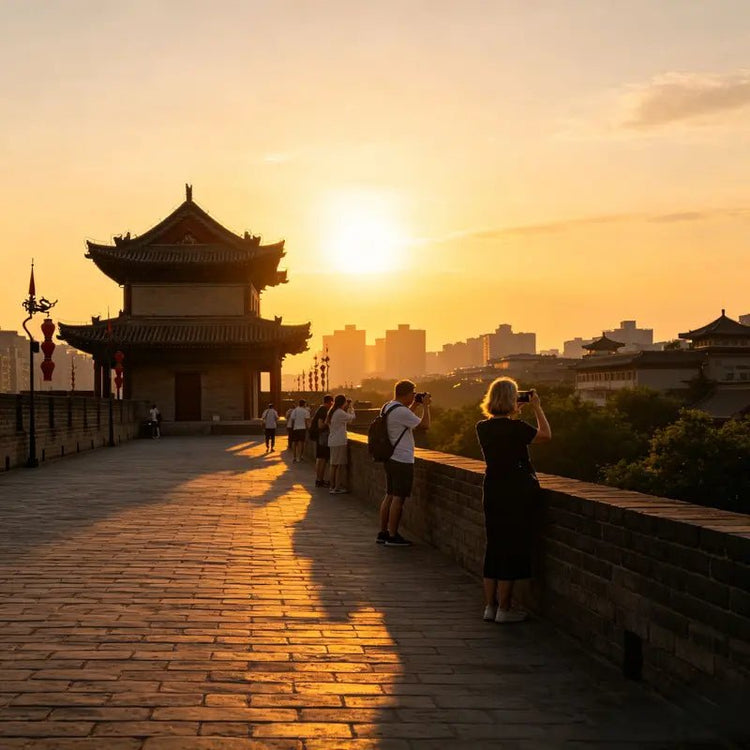 Golden sunset view over ancient watchtower on Xi'an Ming Dynasty City Wall