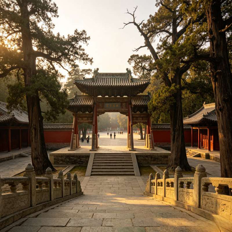 Ancient stone paifang at Yellow Emperor Mausoleum, old cypress trees along historic path, Huangling Shaanxi