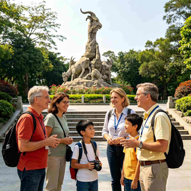 Tour guide introducing the Five Rams Statue to foreign visitors in Yuexiu Park, Guangzhou