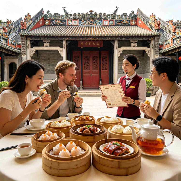 International travelers tasting authentic Cantonese dim sum at a traditional teahouse in Guangzhou