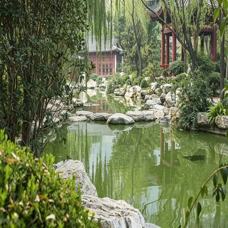 Huaqing Palace Tang Dynasty royal garden in Xi'an China, historic site with pond, willow trees and traditional Chinese pavilions