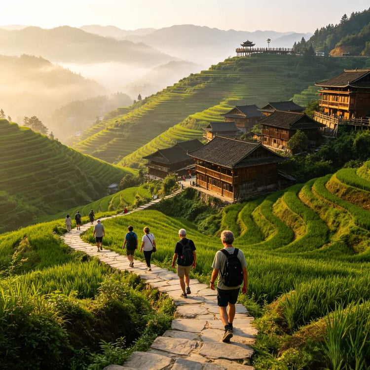 Tourists hiking through Longji Rice Terraces with traditional wooden village houses on hillside, Guangxi China