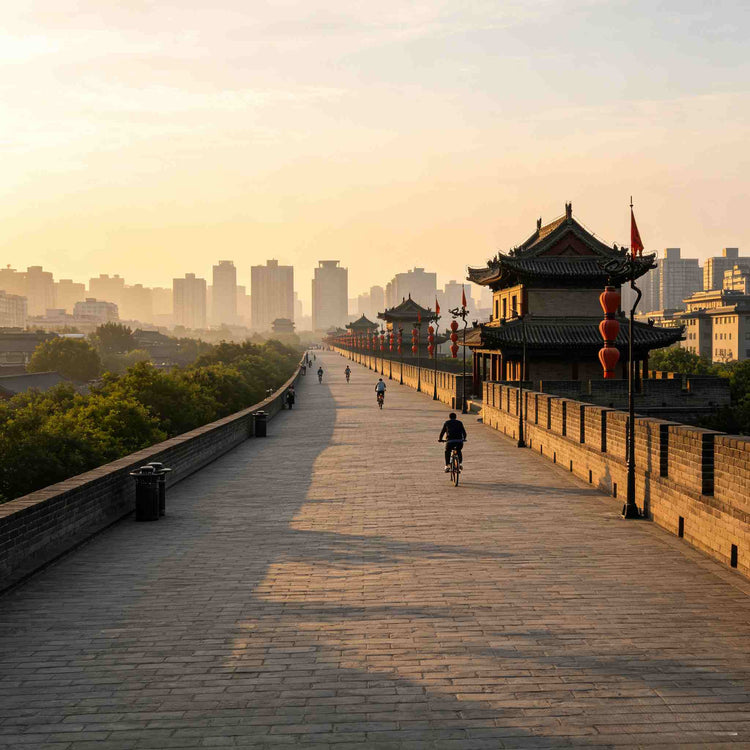Xi'an City Wall pathway with downtown skyline at sunset