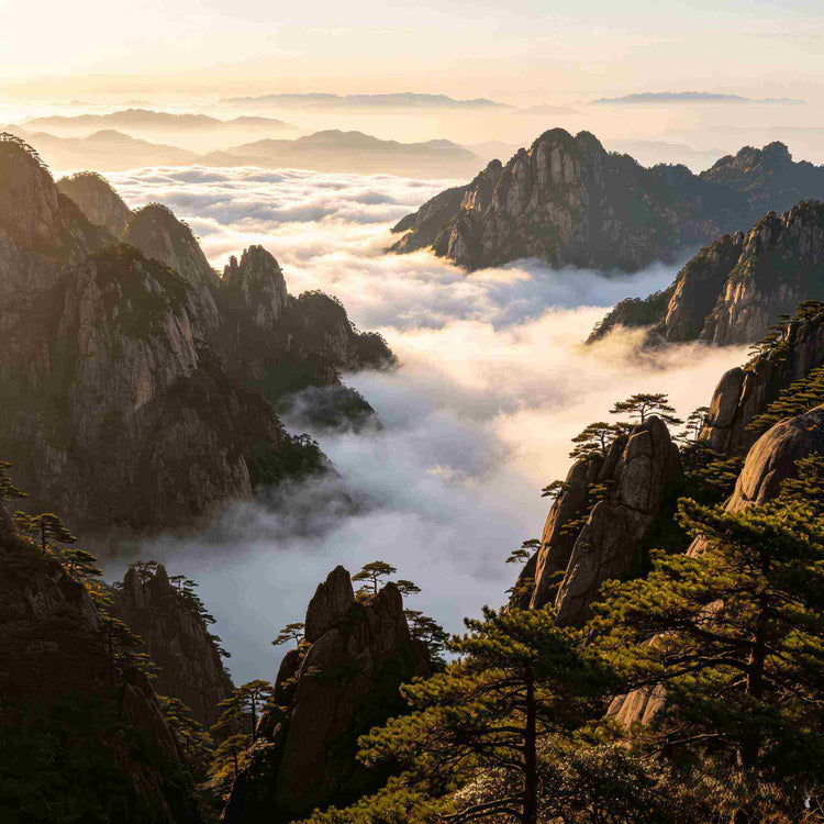 Huangshan Yellow Mountain sunrise with sea of clouds and pine trees on granite peaks